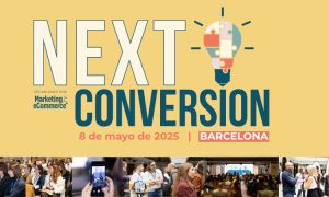 Creatividad promocional del NEXT Conversion Barcelona 2025. El nombre del evento aparece en grandes letras sobre un fondo amarillo. En la parte inferior de la imagen se ven varias imágenes de los asistentes a otros eventos de Marketing4eCommerce