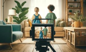 Imagen que muestra a una niña rubia con un peto vaquero y camiseta amarilla junto a un niño moreno con camiseta verde. Están de espaldas, en un salón y una cámara de vídeo les está enfocando. Son niños youtubers