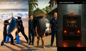 Imagen compuesta por tres capturas de pantalla de TikTok. En la primera se ve a Tralalero Tralalá siendo detenido por la policía, en la segunda se ve a Boneca Ambalabu siendo detenida, y en la tercera a Bobrito Gangsterito encerrado en un coche de policía.