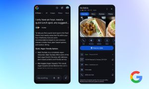 Sobre un fondo degradado azul aparecen dos capturas de pantalla de teléfono móvil en las que se ve el funcionamiento de la nueva función de búsqueda personalizada sobre lugares de restauración de AI Mode de Google