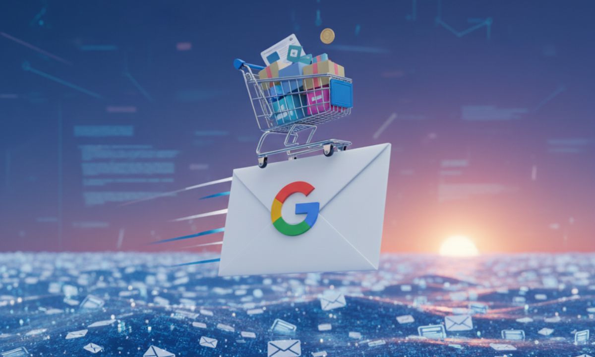 Imagen de un sobre de email volando que transporta sobre él a un carrito de la compra. El sobre de email tiene la G de Google como sello y sobrevuela un mar de correos electrónicos.