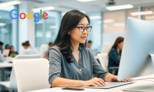 Imagen de una mujer de rasgos asiáticos de unos 40 años que está sentada y trabajando en su ordenador para crear campañas de Google Performance Max. La mujer está en el interior de una oficina luminosa y repleta de gente. En la esquina superior izquierda de la imagen aparece el logo de Google.