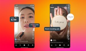 Sobre un fondo degradado naranja y rosa se muestran dos imágenes. En la de la izquierda aparece un Reel de una creadora de Instagram. Al deslizar para pasar al siguiente Reel se llega al de la segunda imagen, que es un anuncio de tendencias en Reels de una marca de cosmética