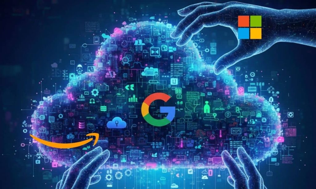 Una nube digital gigante (formada por circuitos o iconos tecnológicos) sostenida o controlada por tres manos con los logotipos sutiles de Amazon, Google y Microsoft. Transmite: concentración de poder y dependencia global. Ideal para portada o redes sociales. Estilo: ilustración vectorial o collage digital de alta calidad.