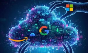 Una nube digital gigante (formada por circuitos o iconos tecnológicos) sostenida o controlada por tres manos con los logotipos sutiles de Amazon, Google y Microsoft. Transmite: concentración de poder y dependencia global. Ideal para portada o redes sociales. Estilo: ilustración vectorial o collage digital de alta calidad.
