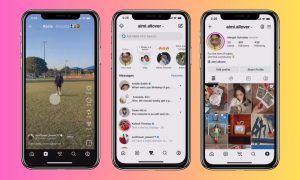 Sobre un fondo degradado rosa y amarillo hay tres teléfonos móviles cuyas pantallas muestran el nuevo diseño del menú de navegación de Instagram