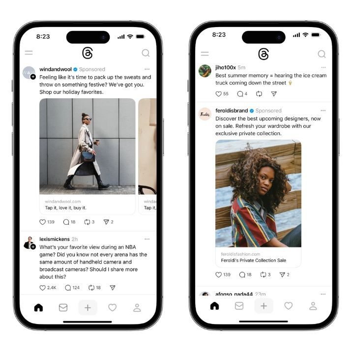 Imagen compuesta por dos móviles en cuyas pantallas se muestran los nuevos formatos de anuncio en Threads