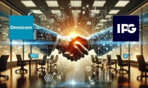 Dos manos dándose la mano, simbolizando acuerdo, en un entorno digital futurista. Texto: "Omnicom" y "IPG". Contexto: oficina moderna.