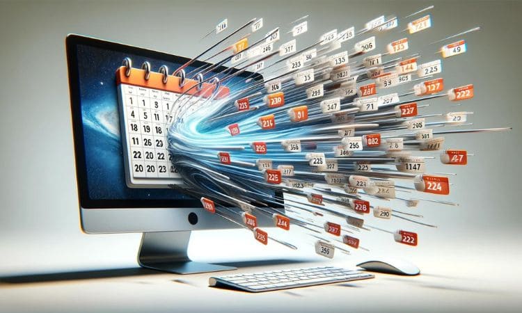 Calendario digital saliendo de una pantalla de ordenador en una explosión de números y fechas, simbolizando gestión dinámica del tiempo y organización eficiente.