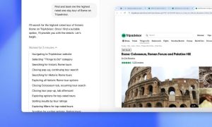 Sobre un fondo azul degradado apartece parte de una vista de pantalla de ordenador. En esta vista se puede ver el funcionamiento de Operator, el nuevo agente de IA de OpenAI. La persona que lo está usando le ha pedido que busque y seleccione los tours por Roma mejor valorados de TripAdvisor