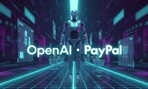 magen en un entorno virtual de compras online con tonos neón turquesa o azul, en el que se vea de fondo a un robot, logos de openai y paypal