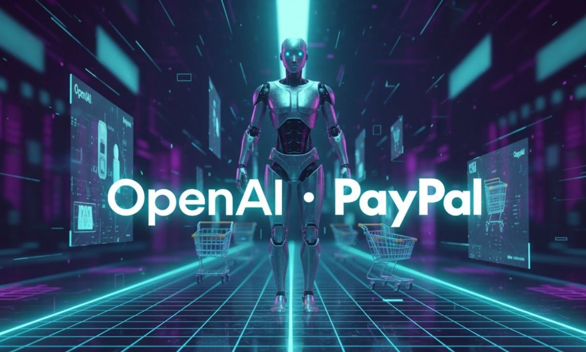 magen en un entorno virtual de compras online con tonos neón turquesa o azul, en el que se vea de fondo a un robot, logos de openai y paypal