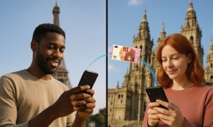 Imagen en la que a la izquierda aparece un hombre de unos 30 años negro utilizando su teléfono móvil con la torre Eiffel detrás y a la derecha, una mujer de unos 30 años pelirroja utilizando su teléfono móvil con la Catedral de Santiago detrás. La imagen está diseñada a pantalla partida, resaltando el hecho de que ambas personas están en países diferentes.