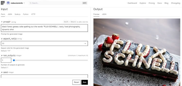 Captura que muestra la vista del panel de creación de Flux Schnell en la plataforma Replicate