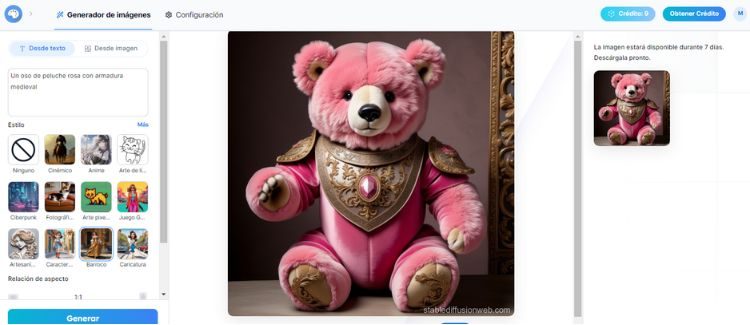 Imagen del panel de creación de la IA generadora de imágenes StableDiffusion Web en la que se ve la obra "Un oso de peluche rosa con armadura medieval", con estilo barroco y relación de aspecto 1:1