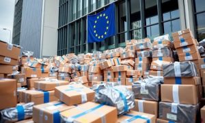 A huge flood of parcels arrives in front of a big building with the EU flag
