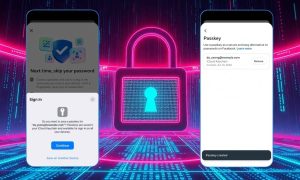 un candado gigante en un mundo neón y bytes, con dos capturas de pantalla de los passkeys de facebook