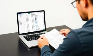 Persona revisando lista en portátil, sostiene documentos; contexto de oficina. Pantalla muestra datos organizados. Palabras clave: gestión, eficiencia, digitalización.