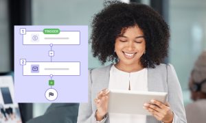 Imagen de una mujer sonriendo frente a su tablet. En un lateral de la imagen vemos un gráfico de la configuración de un trigger en Pipedrive.