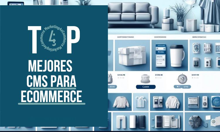 Cartel azul mostrando "TOP MEJORES CMS PARA ECOMMERCE"; al fondo, estantería en tonos azulados con productos variados expuestos. Ideal para marketing online.