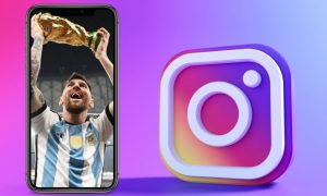 Teléfono muestra a un futbolista levantando trofeo; junto a él, logo de Instagram sobre fondo degradado. Conexión entre fútbol y redes sociales.