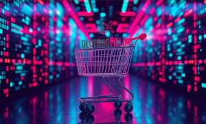 A puzzle like image of a shopping cart into separated pieces. The environment resembles a neon digital world made of bytes
