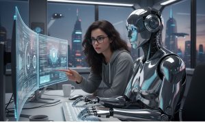 Imagen creada con IA en la que se ve a una humana enseñandole a un robot como tiene que trabajar