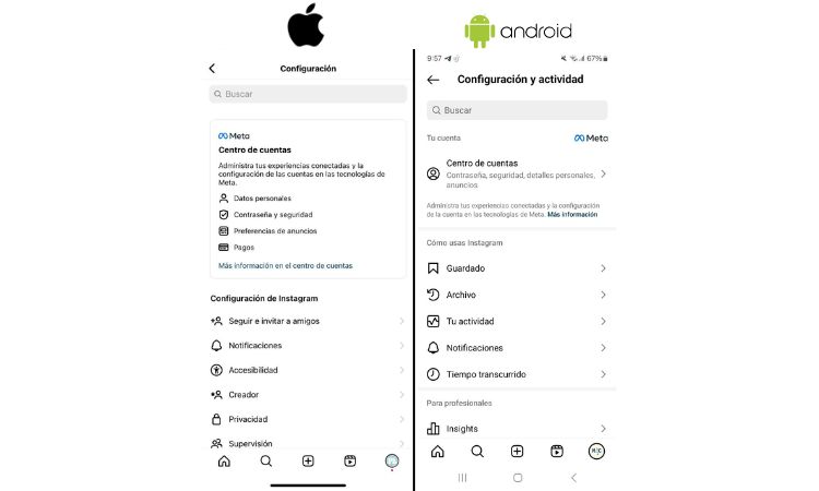 Configuración de Instagram en Apple y en Android