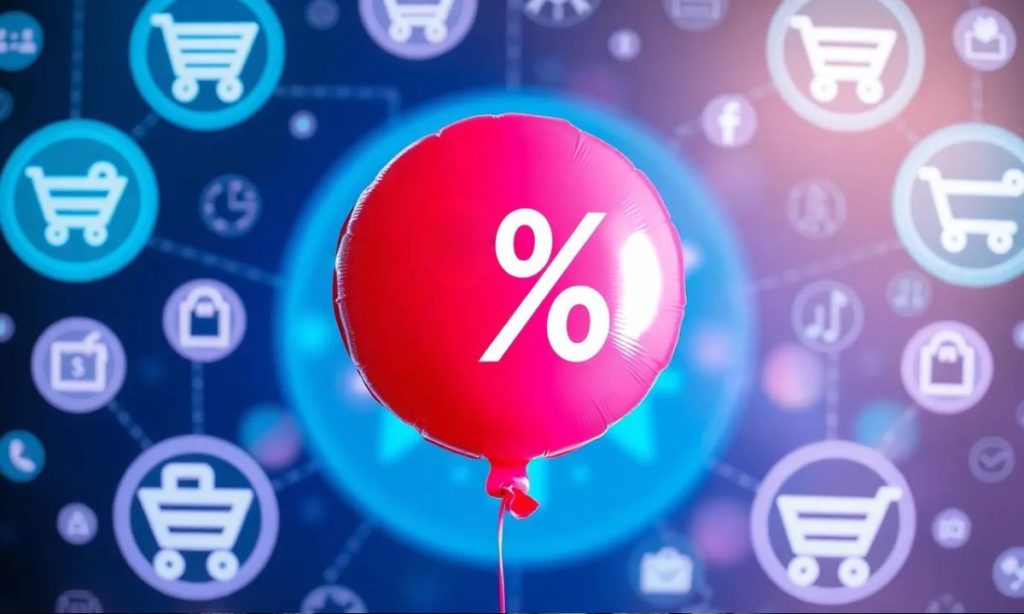 Un entorno cibernético, con iconos de compra online como carritos de compra, etc. En el centro de la imagen, un baloon de fiesta inflado, con el símbolo % estampado en él