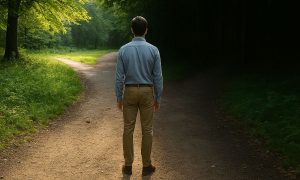 La imagen muestra a una persona de pie, de espaldas, en una bifurcación de un sendero en medio de un bosque. A su izquierda, el camino es luminoso y rodeado de vegetación clara y verde, mientras que a su derecha, el sendero se adentra en una zona oscura y sombría, cubierta por árboles densos. La persona parece indecisa, observando ambos caminos antes de decidir por cuál avanzar.