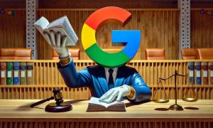 En un tribunal con un ambiente relajado y profesional, un muñeco representando la letra 'G' del logotipo de Google agita varios papeles con una mano detrás de un atril de madera clara. El muñeco tiene un diseño amigable y caricaturesco, con colores brillantes y detalles que recuerdan el estilo de Google. La iluminación es cálida y natural, con un tono acogedor que resalta al personaje y el entorno, mostrando bancos de madera típicos de un juzgado. La imagen representa las propuestas presentadas por Google en relación al caso antimonopolio abierto contra la compañía.
