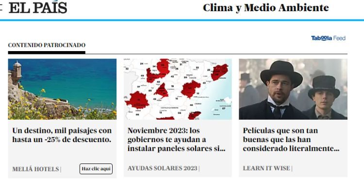 Captura de pantalla de la sección de el medio El País de contenidos recomendados como ejemplo de publicidad nativa abierta