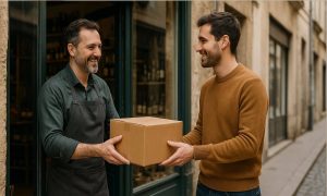 un tendero entrega un paquete a un cliente en la calle, en la entrada de una pequeña tienda en europa. El paquete es una caja de cartón