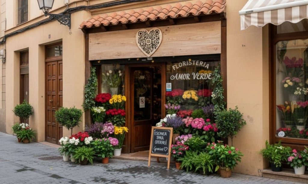una imagen de un QR en forma de corazón que está en la entrada de una tienda de barrio en españa,una floristeria