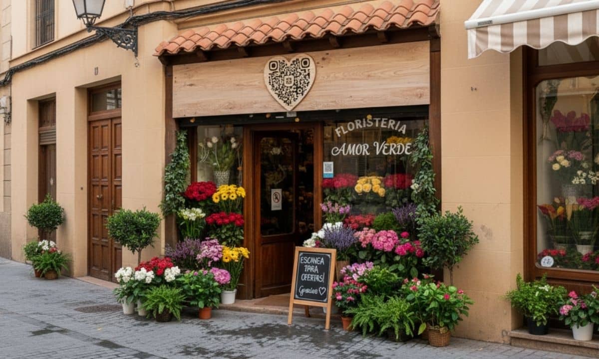 una imagen de un QR en forma de corazón que está en la entrada de una tienda de barrio en españa,una floristeria