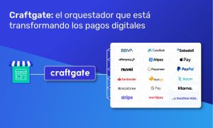 La imagen muestra una representación visual del funcionamiento de Craftgate como orquestador de pagos digitales. A la izquierda, se observa un ícono que simboliza una tienda online conectada directamente con el logo de craftgate, que actúa como intermediario central en el sistema.