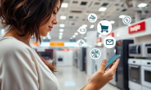 Primer plano en el interior de una tienda de electrónica de una mujer que está mirando su teléfono móvil. Del móvil emergen iconos de venta que se conectan entre sí con líneas digitales. La tienda está repleta de electrodomésticos expuestos con cuidado en un ambiente limpio y luminoso