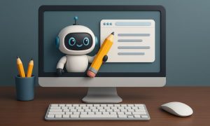 Imagen de un ordenador de mesa sobre un escritorio. En la pantalla del ordenador se ve un pequeño robotito con un lápiz, junto a él aparecen líneas que simulan texto a modo de respuestas del buscador. Estilo 3D