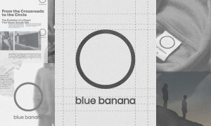Collage compuesto con las imágenes promocionales que Blue Banana ha compartido para anunciar su rebranding. Son fotografías en blanco y negro en las que se aprecia el nuevo logo de la marca, un sencillo círculo bajo el que aparece el nombre "Blue Banana"