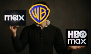 Imagen de Hamlet en la que su cara es el logo de Warner y en una mano sostiene el logo de Max y en la otra de HBO Max, representando la cuestión "ser o no ser".