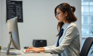 a young woman dreesed as a clerk using a computer on a little office