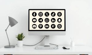 Imagen escritorio minimalista, en el que hay un PC. Dentro del cual hay muchos logos sociales, para ilustrar Cómo medir el éxito en tus campañas de social media.