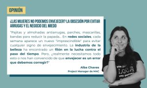 Mujer pensativa a la derecha, mano en el mentón. Texto en español sobre la obsesión con el envejecimiento y la industria de la belleza a la izquierda.