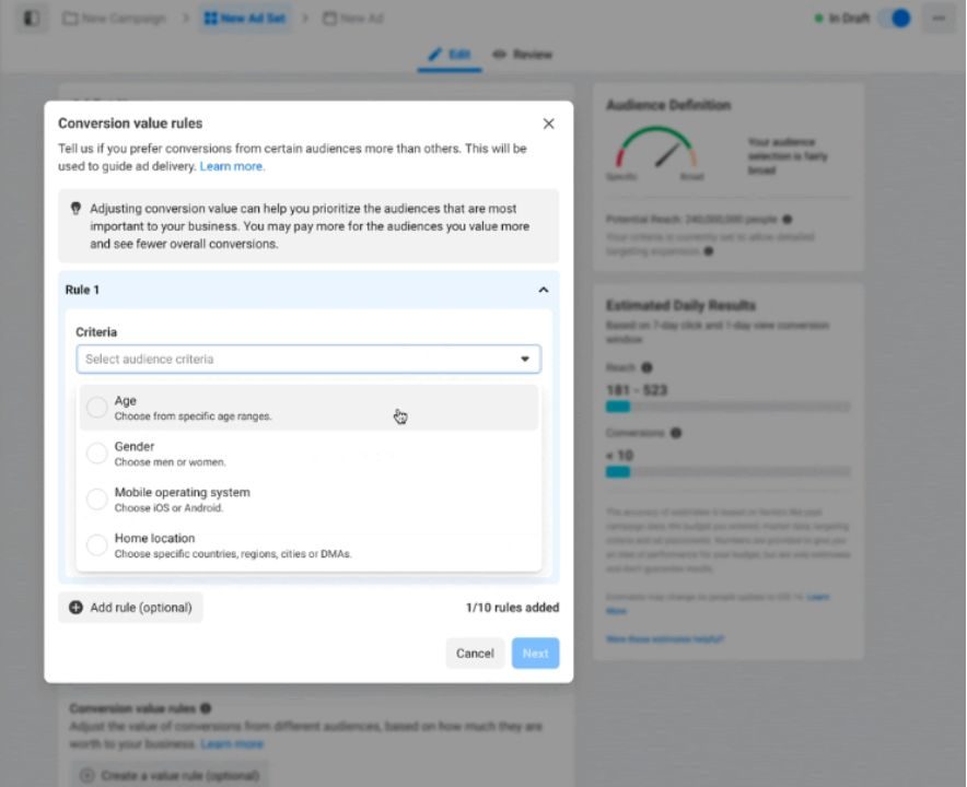 Captura que muestra la opción de establecer reglas de valor al configurar anuncios en Meta