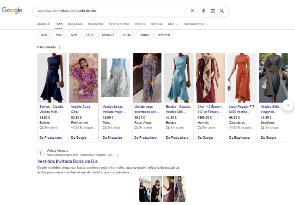 Captura que muestra el resultado de Google para la búsqueda "vestidos de invitada de boda de día". Google no ha generado una AI Overview
