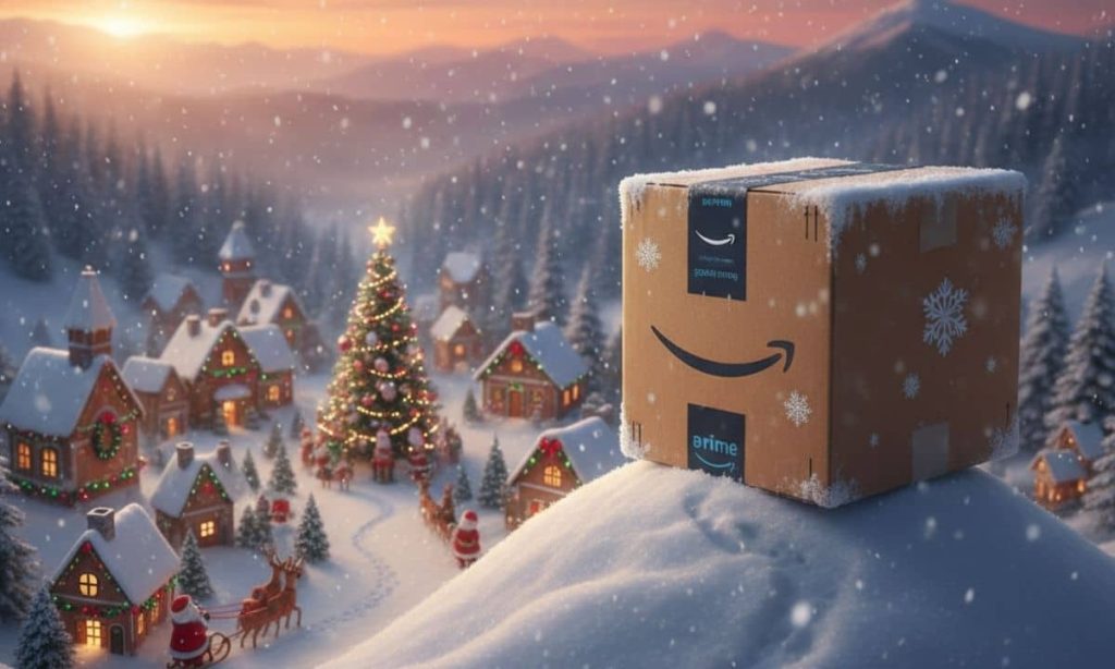 una caja de Amazon que está en lo alto de una colina. Desde allí ve a lo lejos un pequeño pueblo "navideño", decorado al estilo de la navidad de santa claus, y nieve
