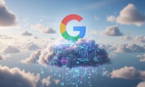 na imagen, más larga que alta, en formato 16:9 en la que se vea la G de google en el centro, apoyada en una nube de aspecto cibernético. Alrededor, hay muchas otras nubes, pero de aspecto normal. El acabado es realista