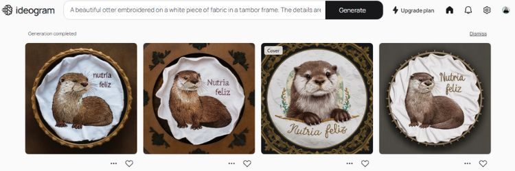 Captura del panel de resultados de Ideogram en el que se ven cuatro imágenes de una nutria bordada en un paño blanco junto a la frase, también bordada, "nutria feliz"