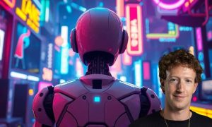 mark zuckerberg on a neon world full of ai and technology references. A robot is on the back