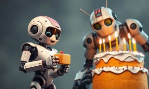 A little robot is celebrating and eating a small piece of cake. By his side a giant robot is eating a massive cake. Both robots looks at front. Realistic